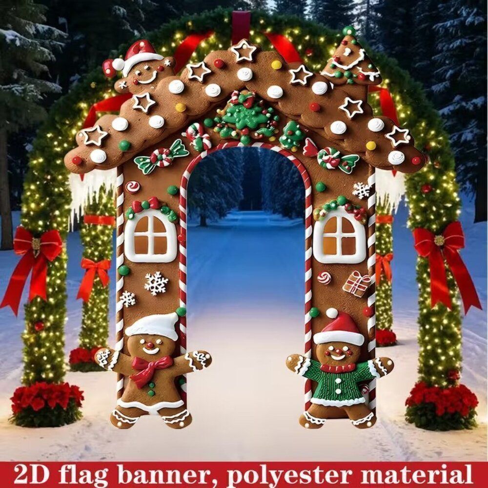 79" x 71" Holiday Wall Arch Banner Festive Christmas Gingerbread Men  with Candy